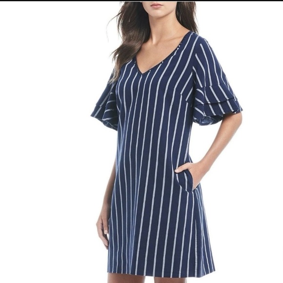 Tommy Bahama Dresses & Skirts - Tommy‎ Bahama Navy White Vista Stripe Flutter Sleeve Dress Size Medium